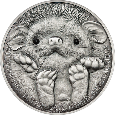 Mongolia 2012 500 Togrog Long-Eared Hedgehog with Swarovski Eyes 1oz Silver Antiqued Coin