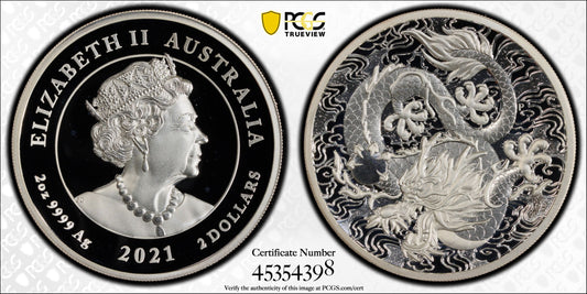 2021 $2 Chinese Myths and Legends Dragon 2oz Silver High Relief Proof Coin PCGS PR70DCAM