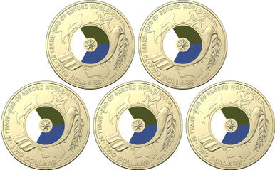 2020 $2 75th Anniversary of the End of WWII Coloured Uncirculated 5 Coin Bag