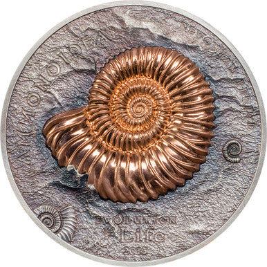 Mongolia 2015 500 Togrog Evolution of Life Ammonite 1oz Silver High Relief Antiqued Coin