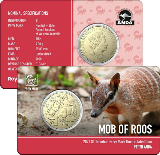 2021 $1 ANDA Perth Mob of Roos 'Numbat' Privy Mark Uncirculated Coin