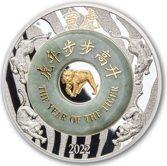 Laos 2022 2000 Kip Lunar Year of The Tiger Selectively Gold Plated 2oz Silver Proof Jade Coin
