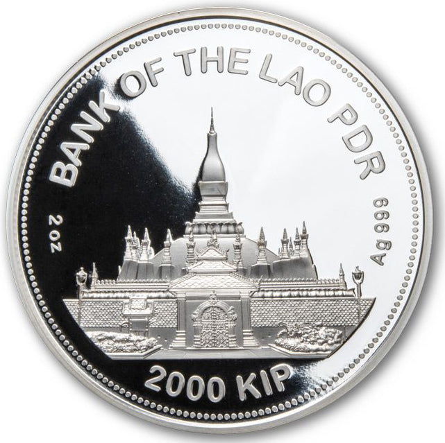 Laos 2022 2000 Kip Lunar Year of The Tiger Selectively Gold Plated 2oz Silver Proof Jade Coin
