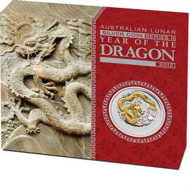 2012 $1 Lunar Year of The Dragon 1oz Silver Gilded Coin