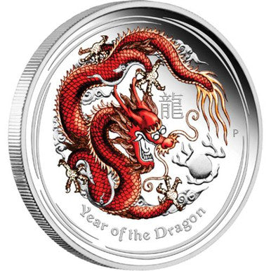 2012 $1 Lunar Year of The Dragon 1oz Silver Coloured Proof Coin