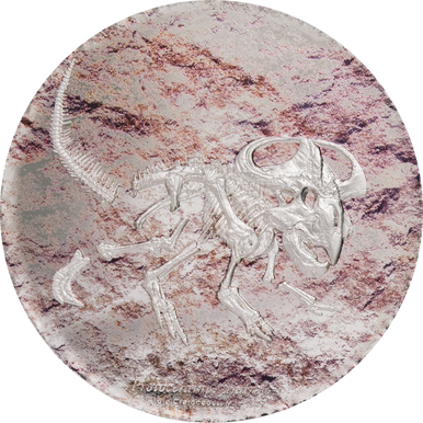 Mongolia 2019 2000 Togrog Prehistoric Beasts Protoceratops 3oz Silver Coloured Proof Coin