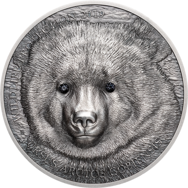 Mongolia 2019 500 Togrog Mongolian Gobi Bear with Swarovski Eyes 1oz Silver Antiqued Coin