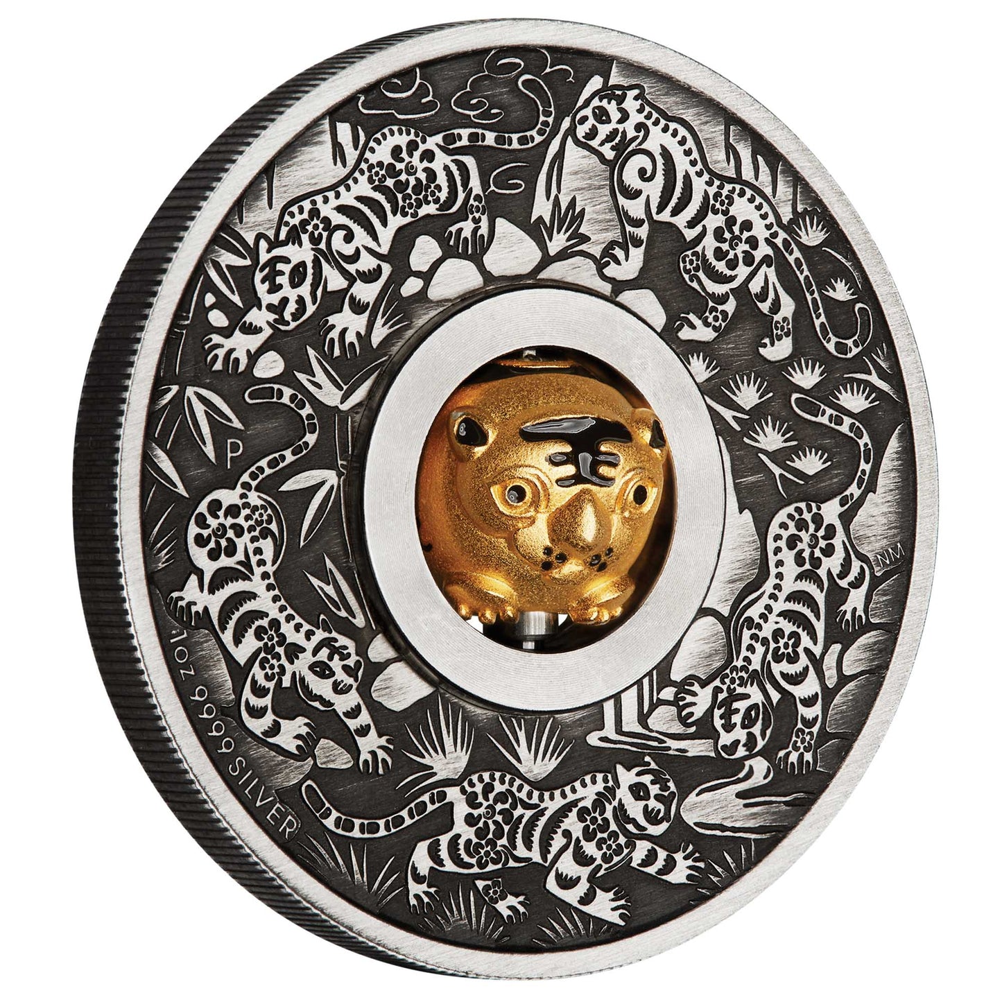 Tuvalu 2022 $1 Lunar Year of The Tiger Rotating Charm 1oz Silver Antiqued Coin