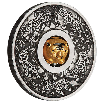 Tuvalu 2022 $1 Lunar Year of The Tiger Rotating Charm 1oz Silver Antiqued Coin