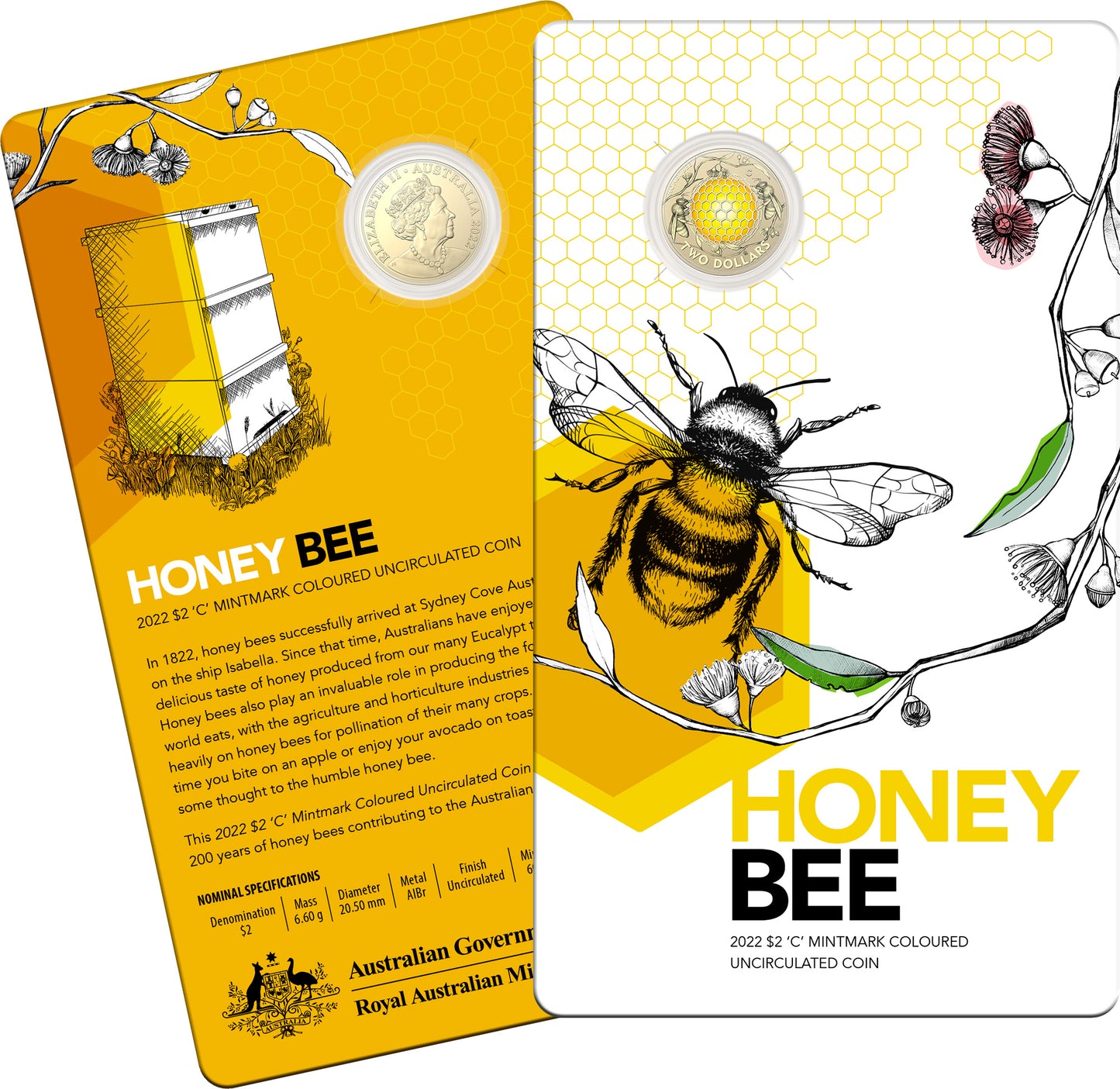 2022 $2 Australian Honey Bee 'C' Mintmark Coloured Uncirculated Coin