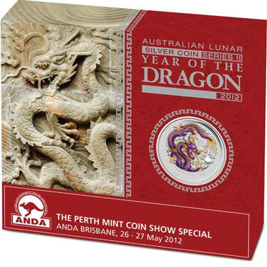 2012 $1 ANDA Brisbane Show Lunar Year of The Dragon 1oz Silver Coloured Coin