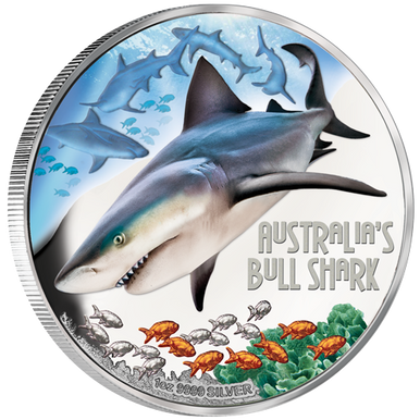 Tuvalu 2017 $1 Deadly and Dangerous Bull Shark 1oz Silver Coloured Proof Coin