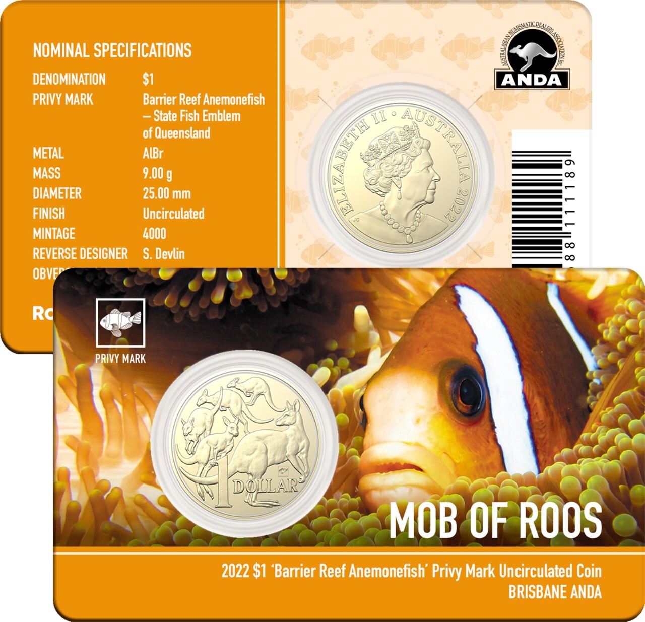 2022 $1 ANDA Brisbane Mob of Roos 'Barrier Reef Anemonefish' Privy Mark Uncirculated Coin