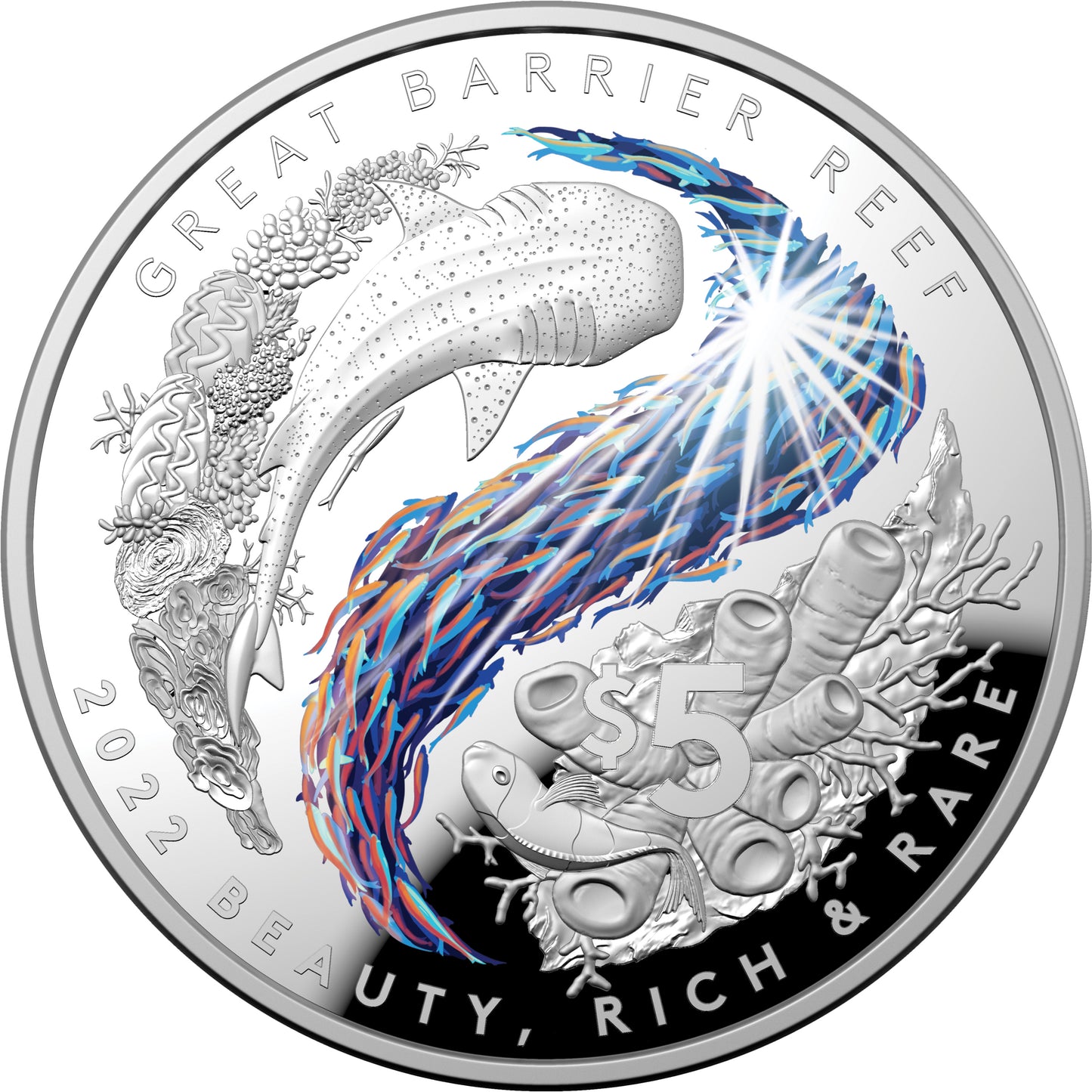 2022 $5 Beauty Rich & Rare Great Barrier Reef 1oz Silver Coloured Proof Domed Coin