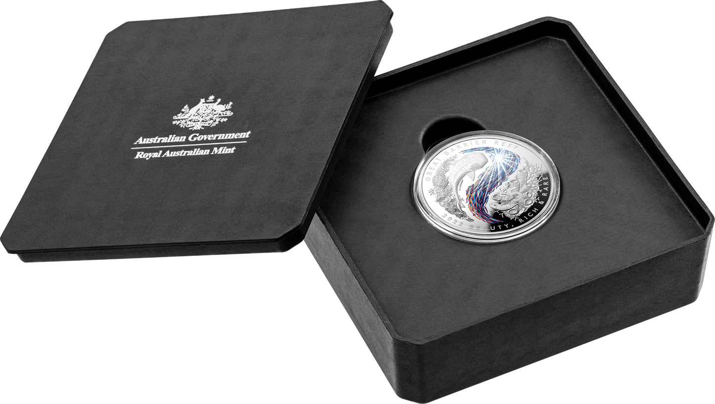 2022 $5 Beauty Rich & Rare Great Barrier Reef 1oz Silver Coloured Proof Domed Coin
