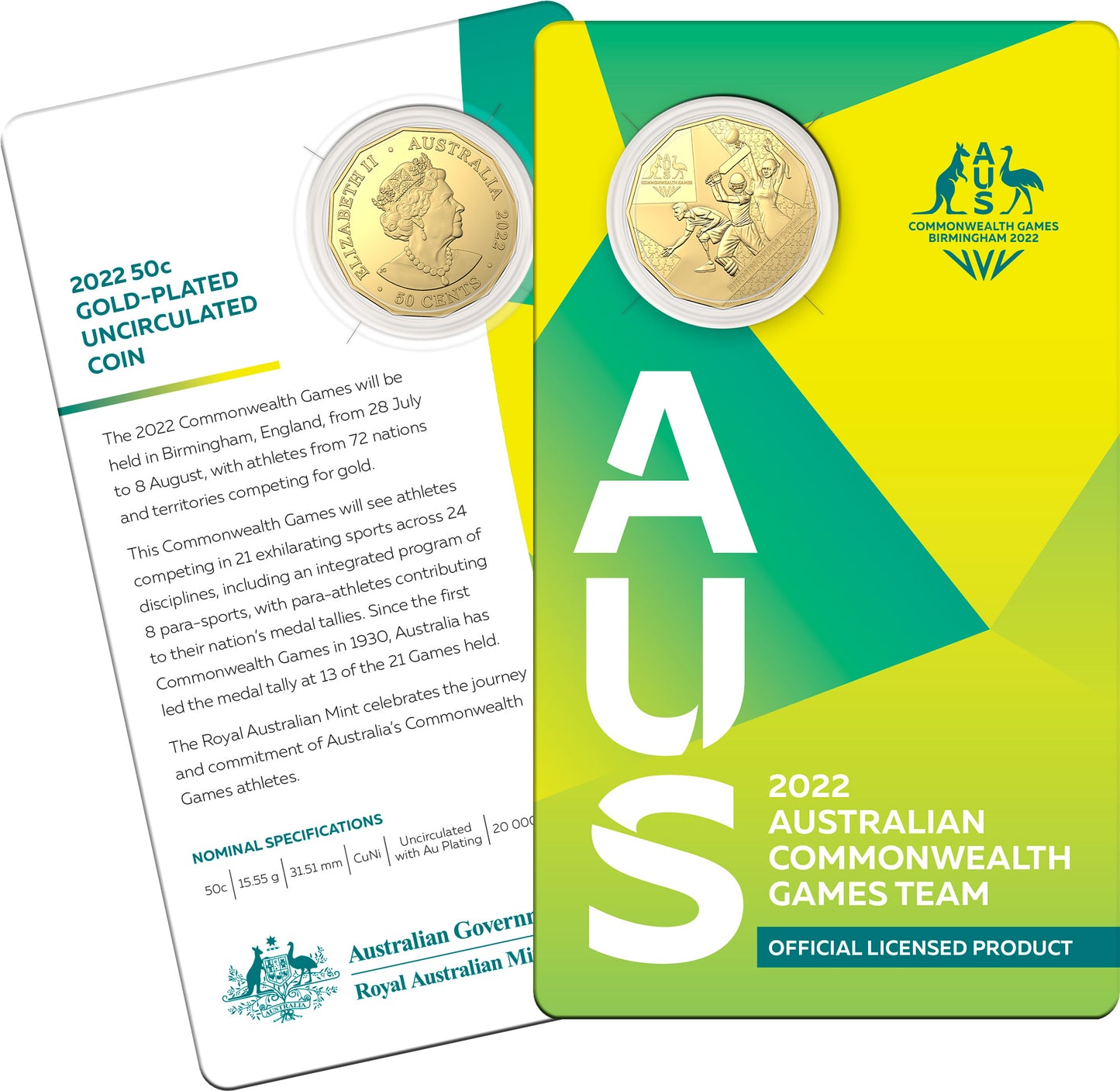 2022 50c Australian Commonwealth Games Team Gold Plated Uncirculated Coin