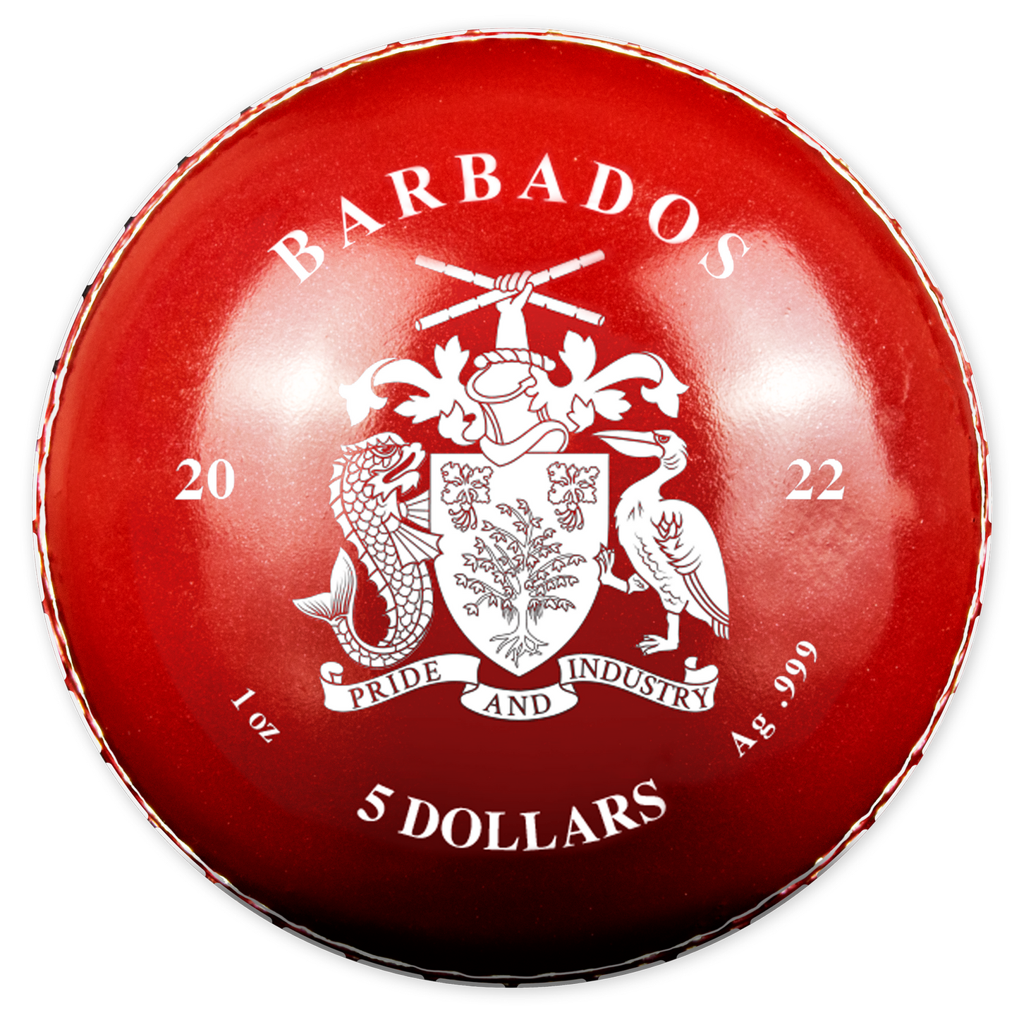 Barbados 2022 $5 T20 Cricket World Cup 1oz Silver Coloured Ball Shaped Coin