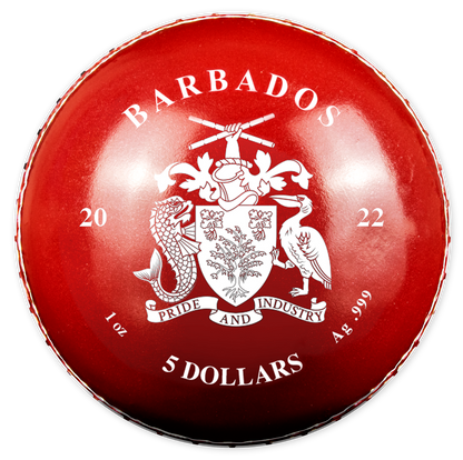 Barbados 2022 $5 T20 Cricket World Cup 1oz Silver Coloured Ball Shaped Coin