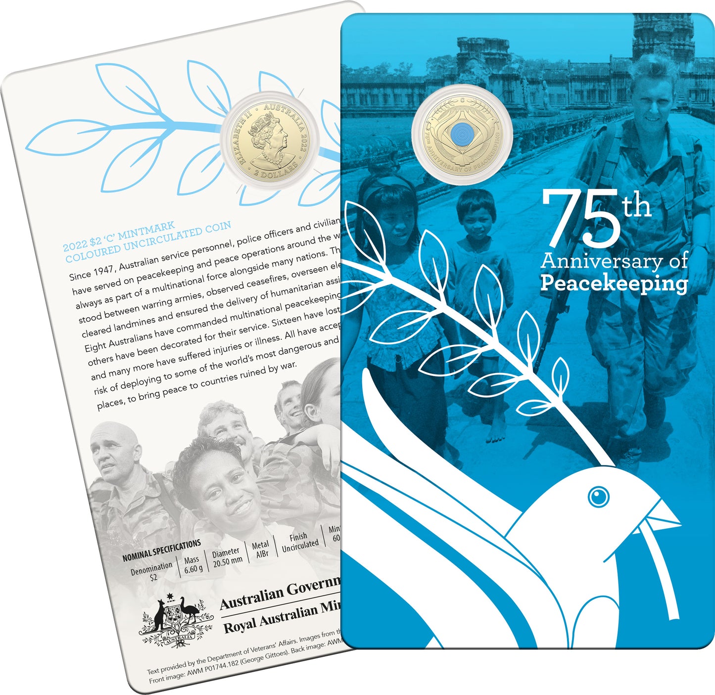 2022 $2 75th Anniversary of Peacekeeping 'C' Mintmark Coloured Uncirculated Coin