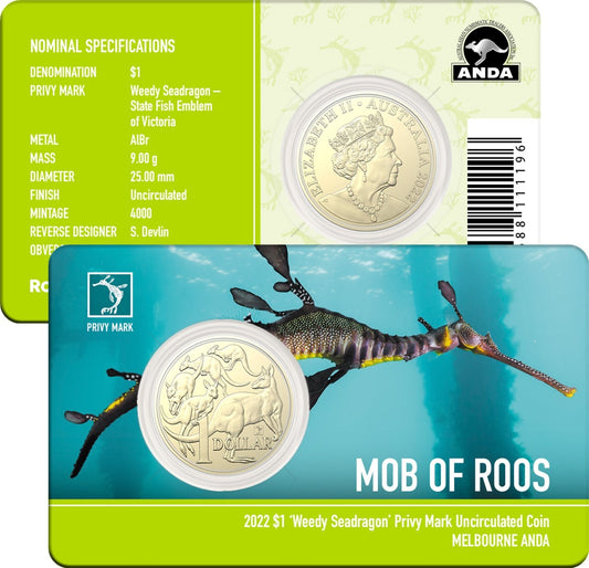 2022 $1 ANDA Melbourne Mob of Roos 'Weedy Seadragon' Privy Mark Uncirculated Coin