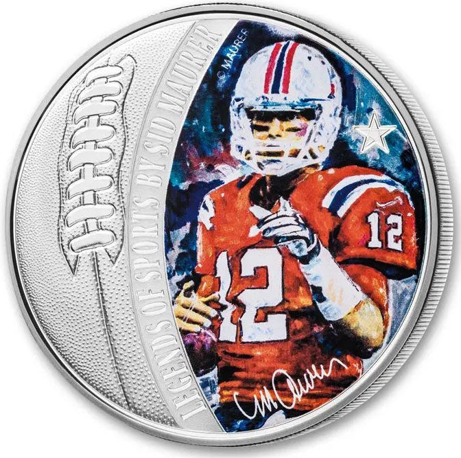 Solomon Islands 2018 $5 Legends of Sports by Sidney Maurer Tom Brady 1oz Silver Coloured Proof Coin