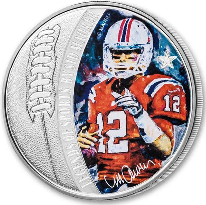 Solomon Islands 2018 $5 Legends of Sports by Sidney Maurer Tom Brady 1oz Silver Coloured Proof Coin