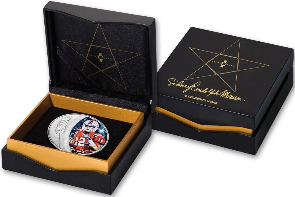 Solomon Islands 2018 $5 Legends of Sports by Sidney Maurer Tom Brady 1oz Silver Coloured Proof Coin