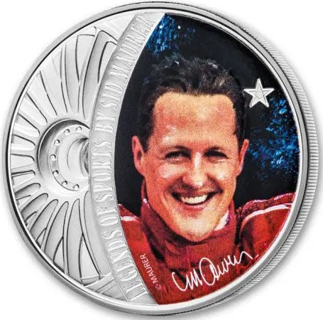 Solomon Islands 2018 $5 Legends of Sports by Sidney Maurer Michael Schumacher 1oz Silver Coloured Proof Coin