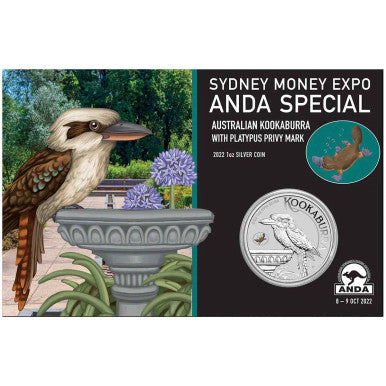 2022 Sydney ANDA Money Expo $1 Kookaburra Platypus Privymark 1oz Silver Brilliant Uncirculated Coin