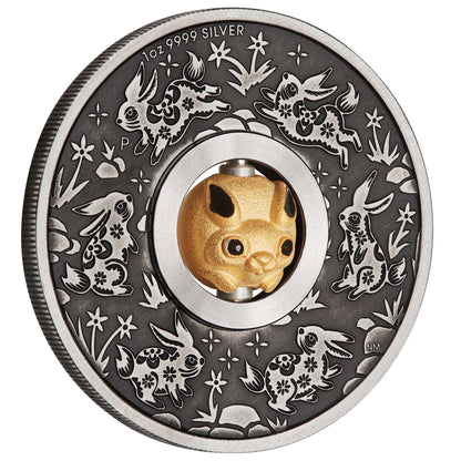 Tuvalu 2023 $1 Lunar Year of The Rabbit Rotating Charm 1oz Silver Antiqued Coin