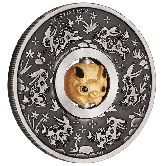 Tuvalu 2023 $1 Lunar Year of The Rabbit Rotating Charm 1oz Silver Antiqued Coin