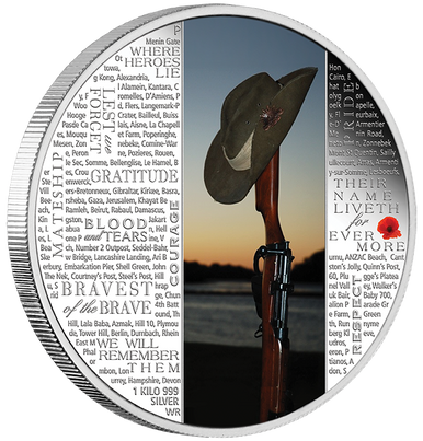 2015 $30 The ANZAC Spirit 100th Anniversary Lest We Forget 1kg Silver Coloured Proof Coin