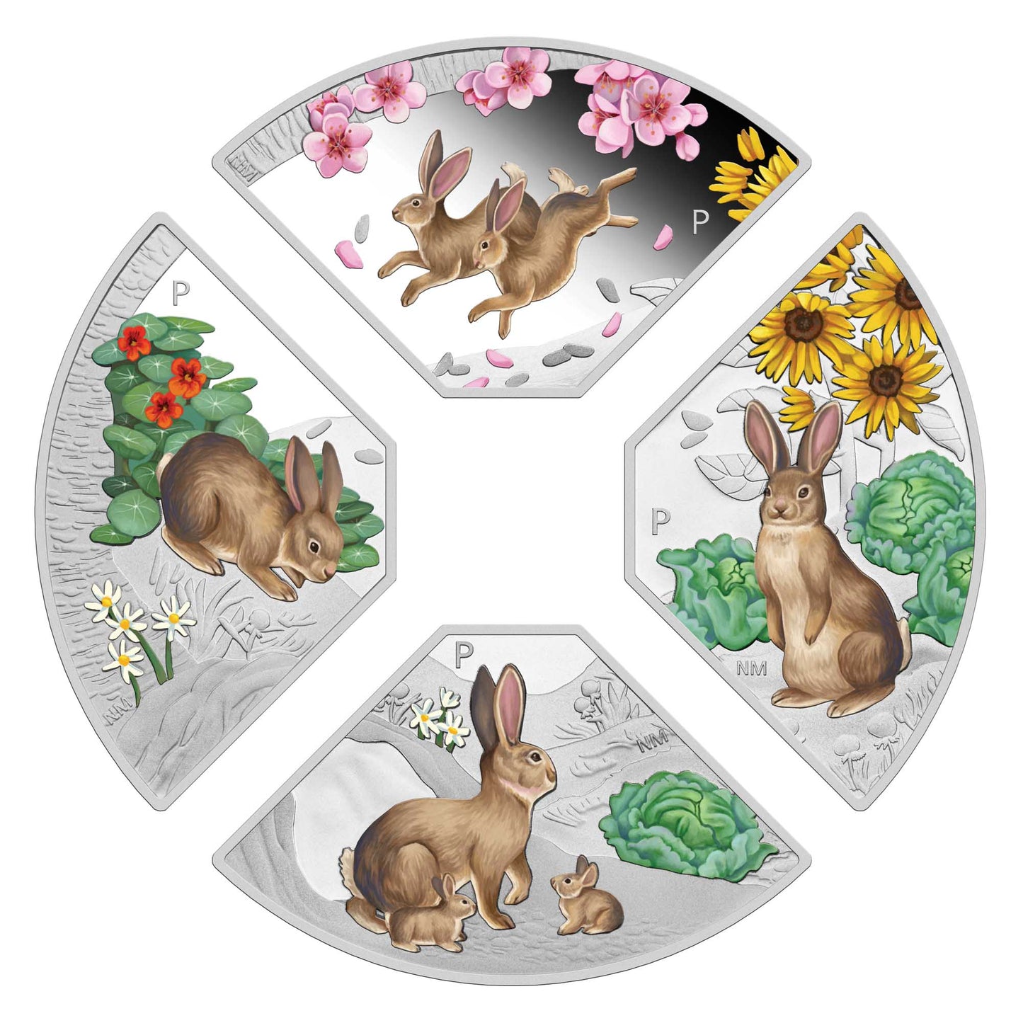 Tuvalu 2023 $1 Lunar Year of The Rabbit 1oz Silver Coloured Proof 4 Coin Quadrant Set