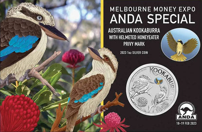 2023 $1 ANDA Melbourne Australian Kookaburra 'Helmeted Honeyeater' Privy Mark 1oz Silver Uncirculated Coin