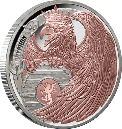 Niue 2024 $1 Heraldic Beasts Gryphon Selectively Rose Gold Plated 1oz Silver Proof Coin