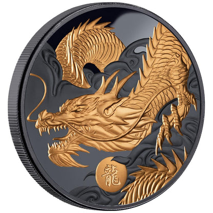 Niue 2024 $1 Lunar Dragon Selectively Gold Plated 1oz Silver Black Proof Coin