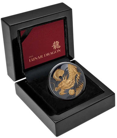 Niue 2024 $1 Lunar Dragon Selectively Gold Plated 1oz Silver Black Proof Coin