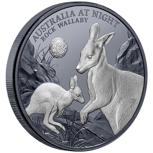 Niue 2024 $1 Australia At Night Rock Wallaby 1oz Silver Black Proof Coin