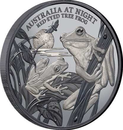 Niue 2024 $1 Australia at Night Red-Eyed Tree Frog 1oz Silver Black Proof Coin