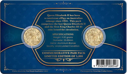 2022 Last Elizabeth II $1 & 2023 First Charles III $1 Al-Bronze 2 Coin Set