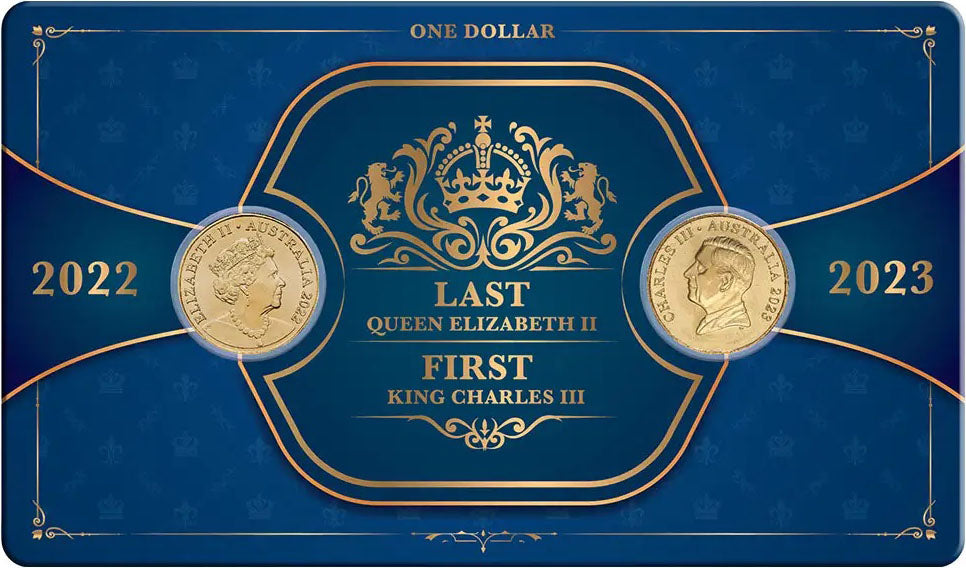 2022 Last Elizabeth II $1 & 2023 First Charles III $1 Al-Bronze 2 Coin Set