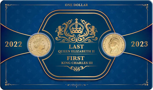 2022 Last Elizabeth II $1 & 2023 First Charles III $1 Al-Bronze 2 Coin Set