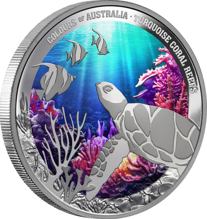 Niue 2025 $1 Colours of Australia Turquoise Coral Reef 1oz Silver Coloured Proof Coin