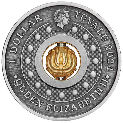 Tuvalu 2024 $1 Lunar Year of The Dragon Rotating Charm 1oz Silver Antiqued Coin
