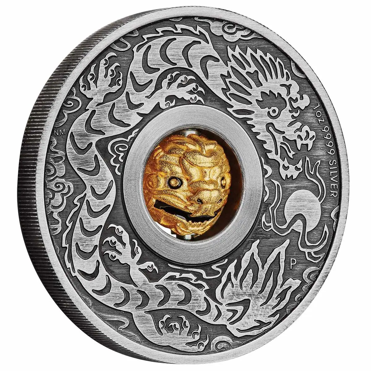 Tuvalu 2024 $1 Lunar Year of The Dragon Rotating Charm 1oz Silver Antiqued Coin
