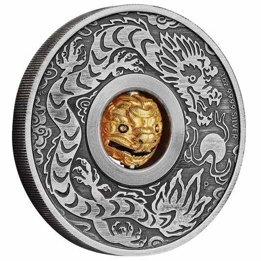 Tuvalu 2024 $1 Lunar Year of The Dragon Rotating Charm 1oz Silver Antiqued Coin