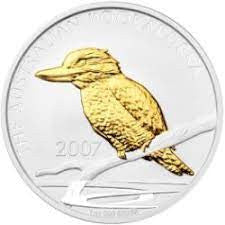 2007 $1 Australian Kookaburra 1oz Silver Gilded Coin