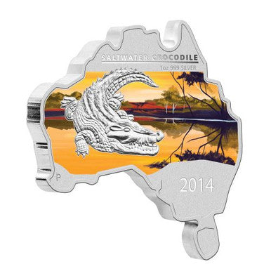 2014 $1 Australian Map Shaped Crocodile 1oz Silver Coin