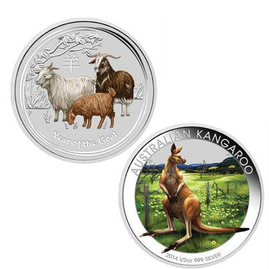 2014 50c Beijing International Coin Exposition Kangaroo & Goat 1/2oz Silver Two-Coin Set
