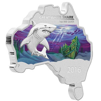 2016 $1 Australian Map Shaped Great White Shark 1oz Silver Coin